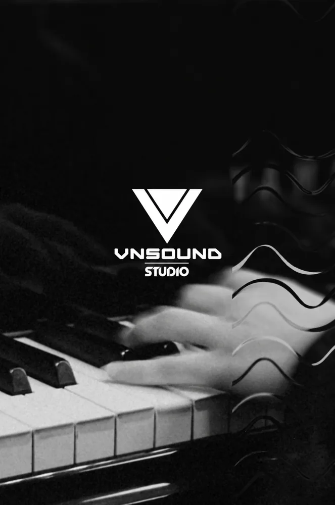 VNSOUND Studio identity over black-and-white piano imagery